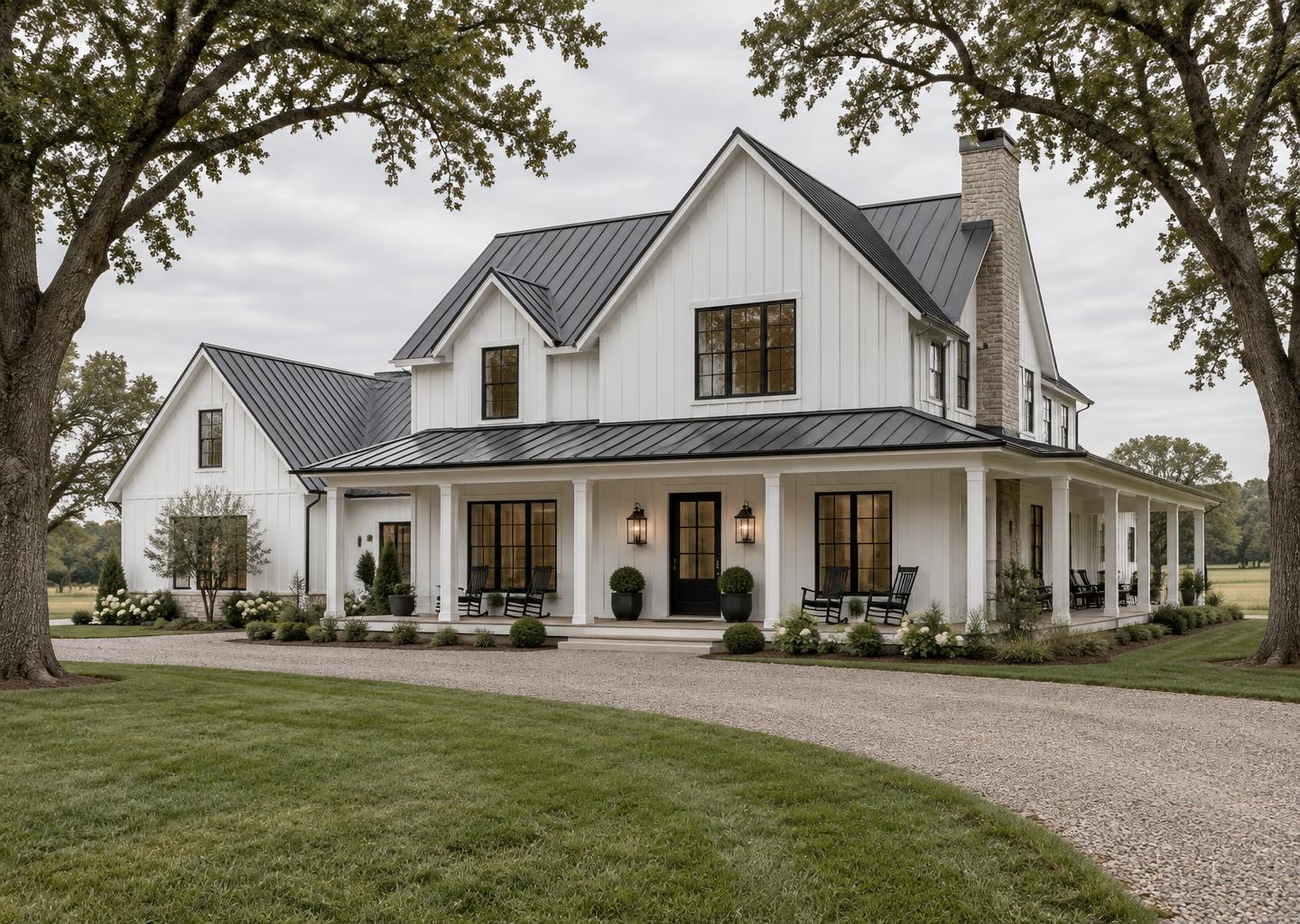 Board-and-batten farmhouse with a wrap-around porch