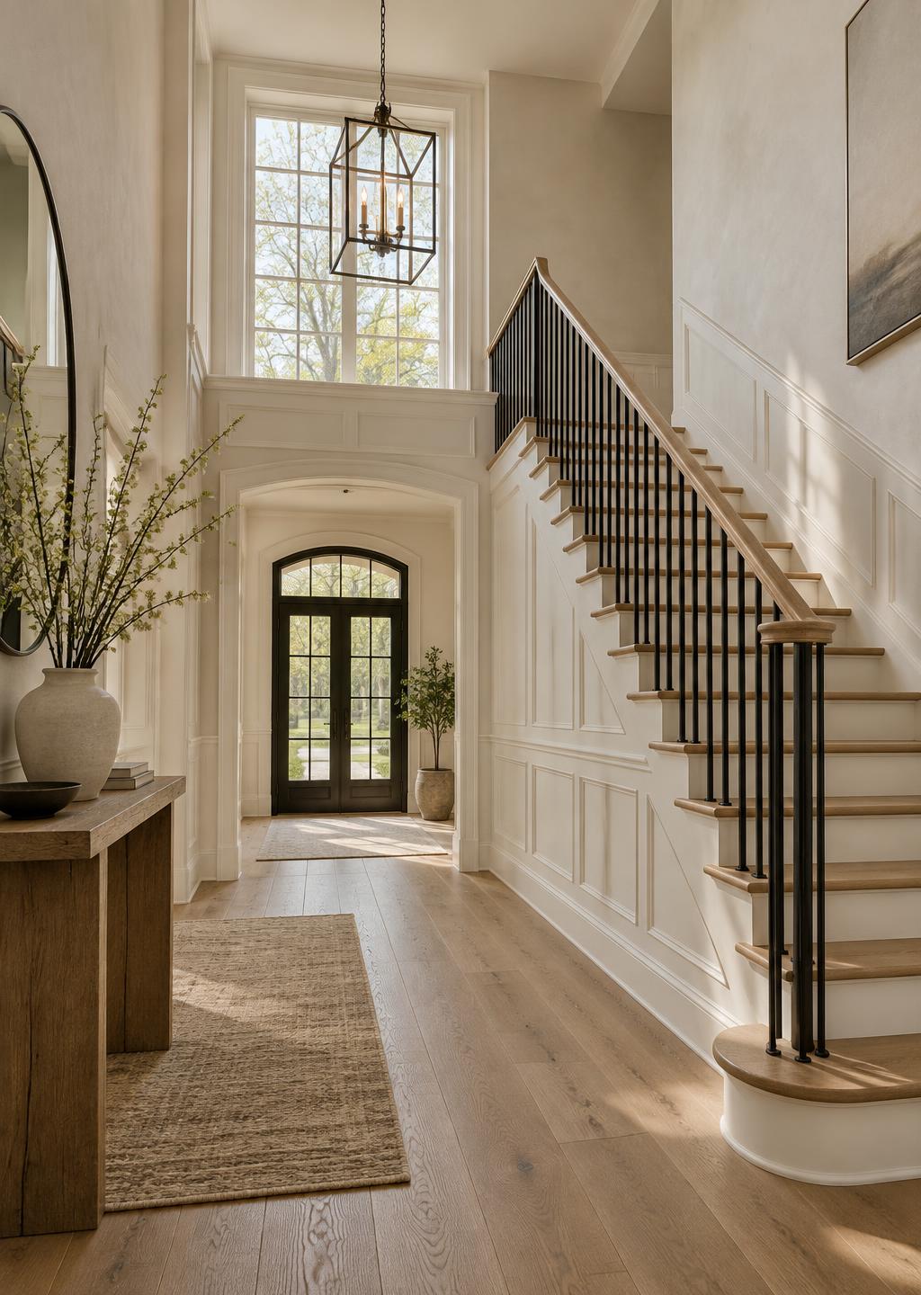 White-oak staircase with blackened-steel balusters in a bright entry foyer