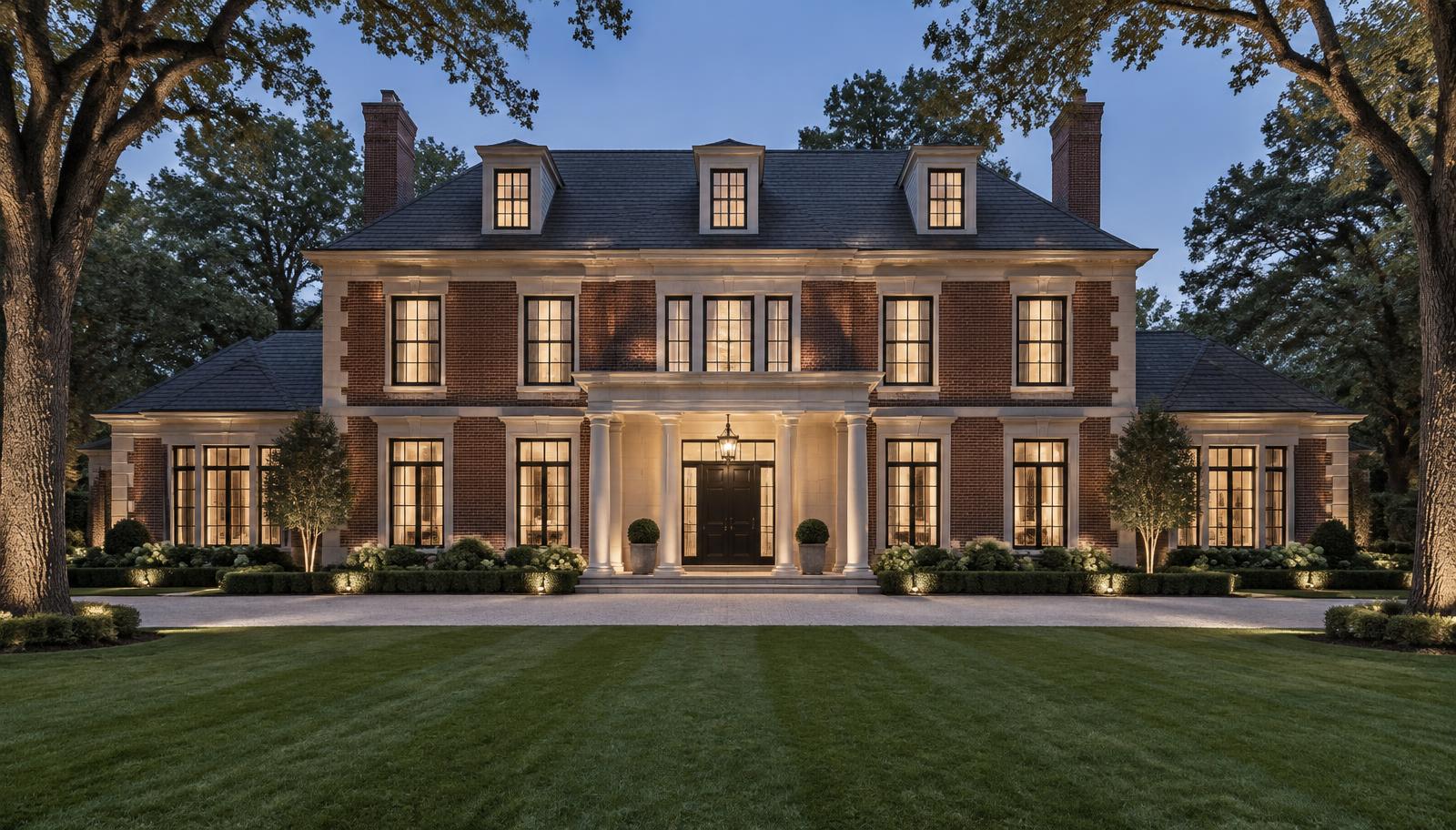 Newly built brick and limestone home at dusk