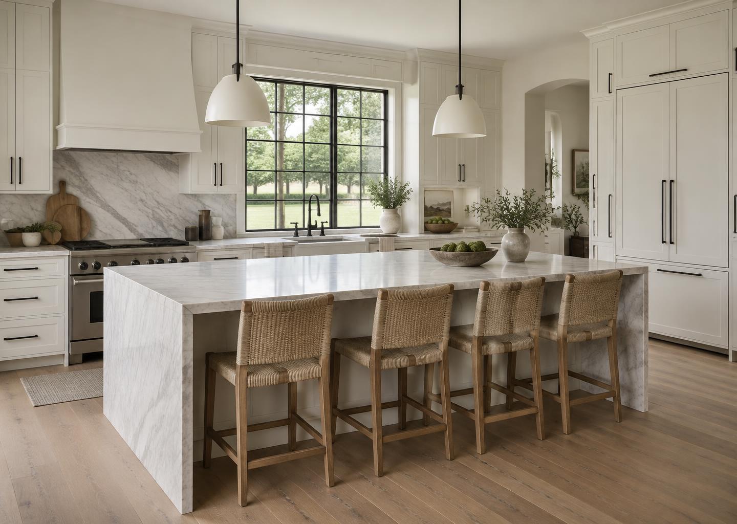 Renovated kitchen with a marble island