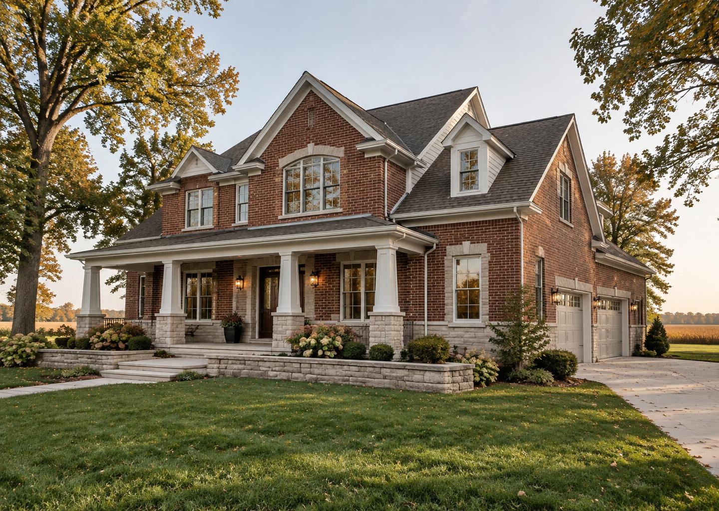 Two-storey brick home on a wide autumn lawn