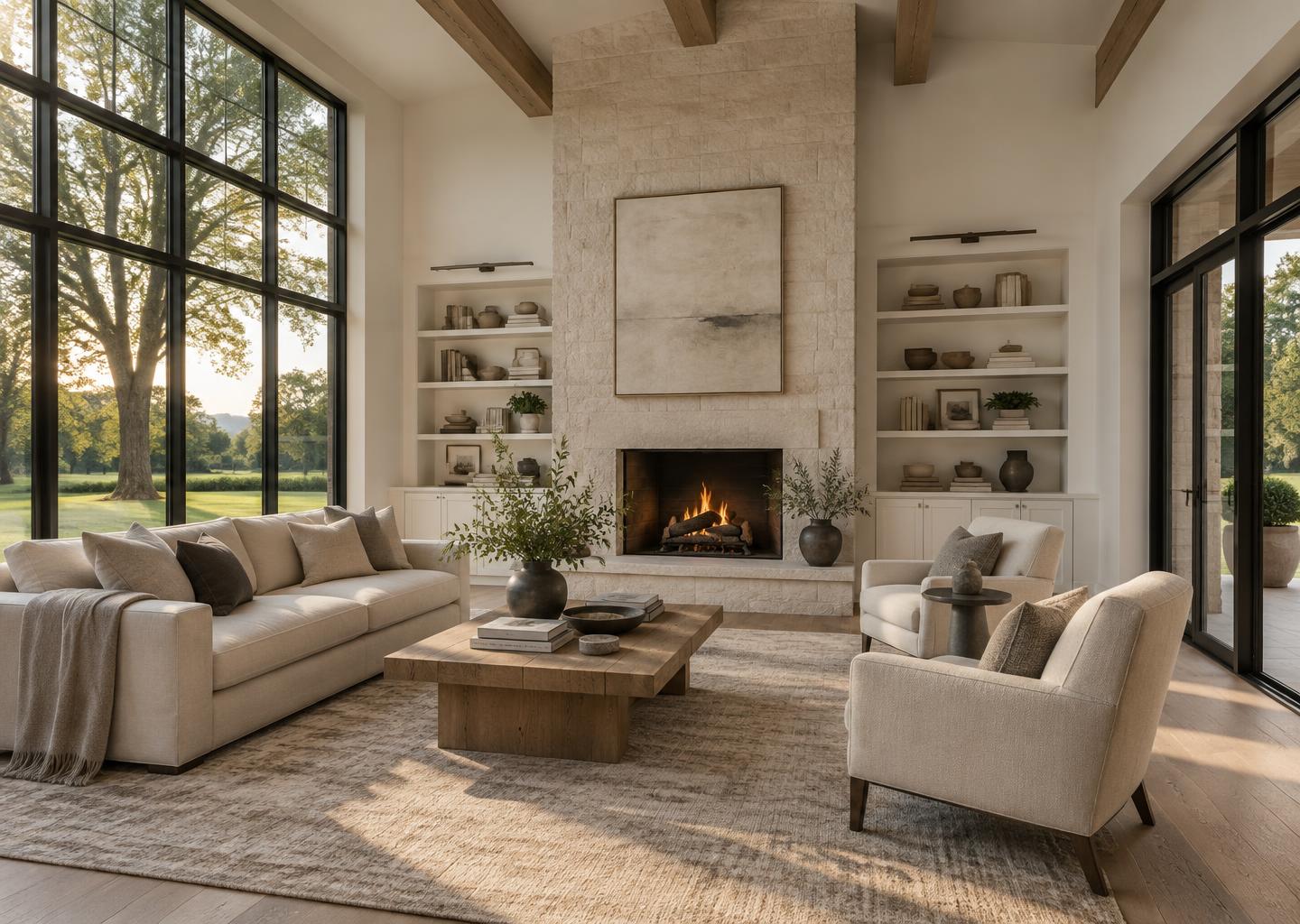 Great room with oak beams and a limestone fireplace