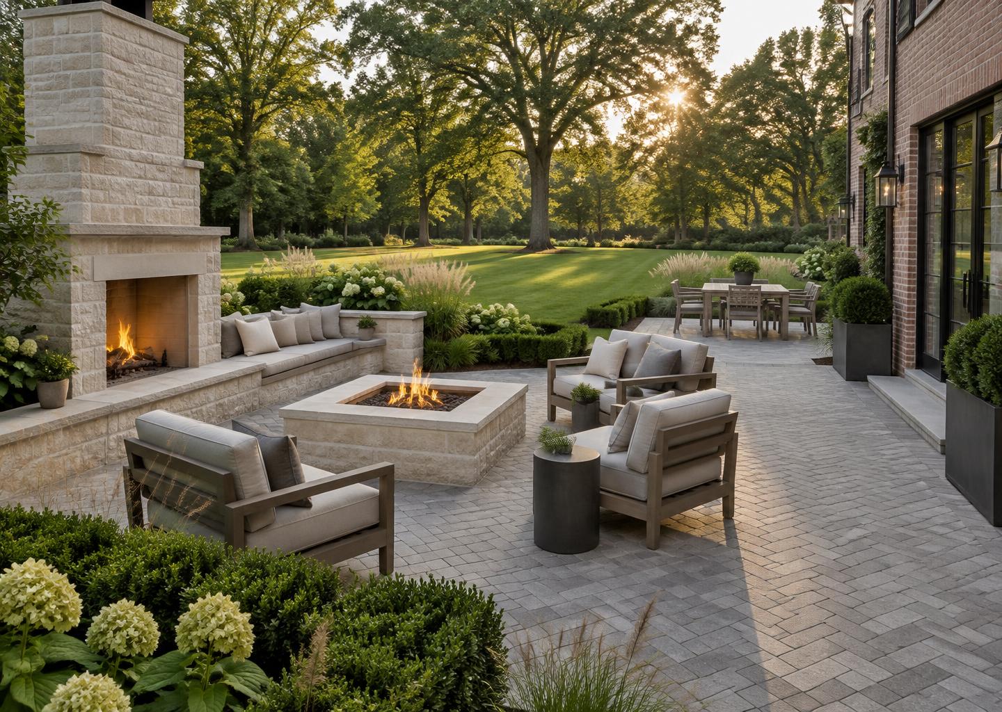 Paver terrace with a limestone fireplace