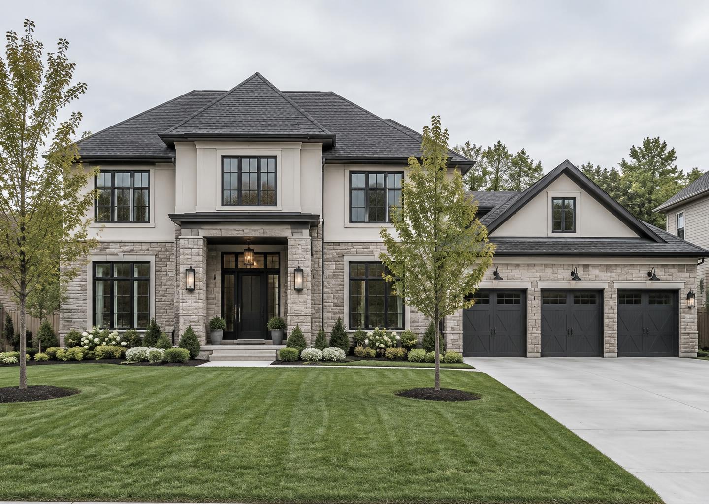 Ledgestone and stucco street elevation